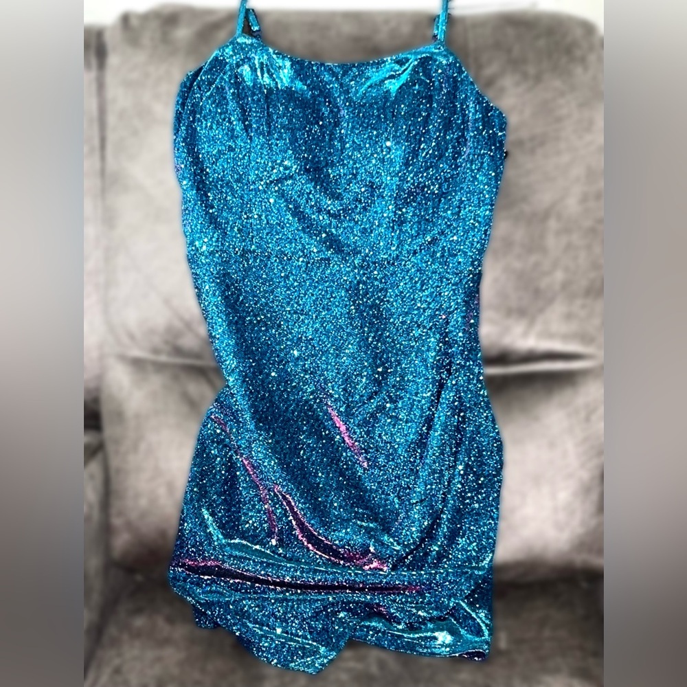 Crystal Sky Iridescent Turquoise Blue Shimmering Cocktail Bodycon Dress